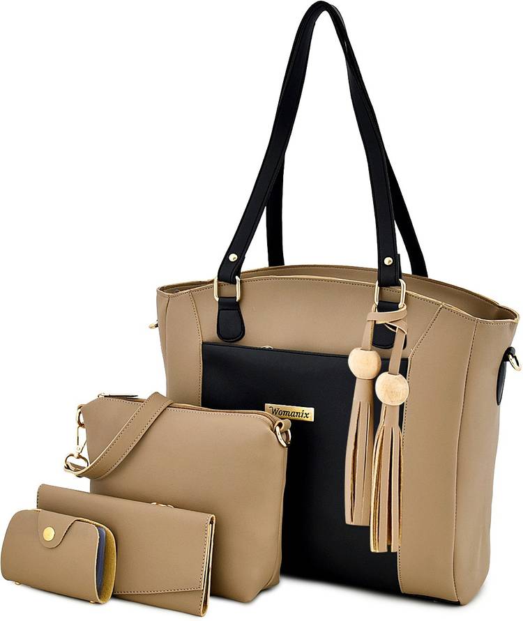 Women Beige, Black Shoulder Bag Price in India