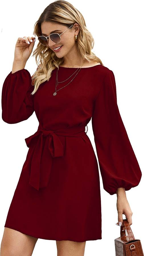 Women Blouson Maroon Dress