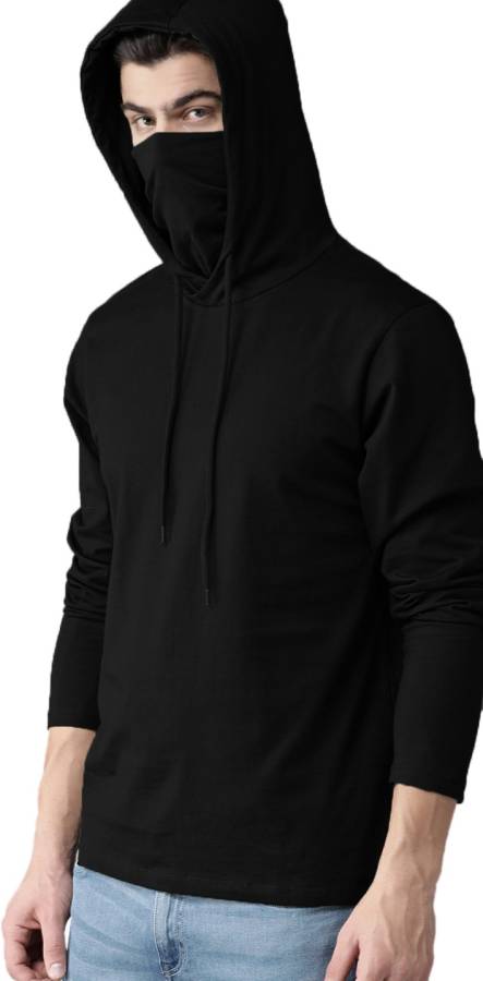 Solid Men Hooded Neck Black T-Shirt Price in India