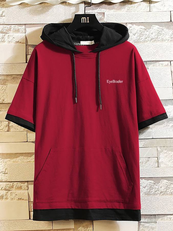 Solid Men Hooded Neck Red T-Shirt Price in India