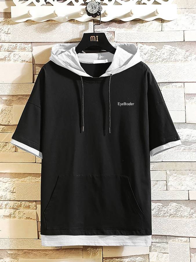 Solid Men Hooded Neck Black T-Shirt Price in India