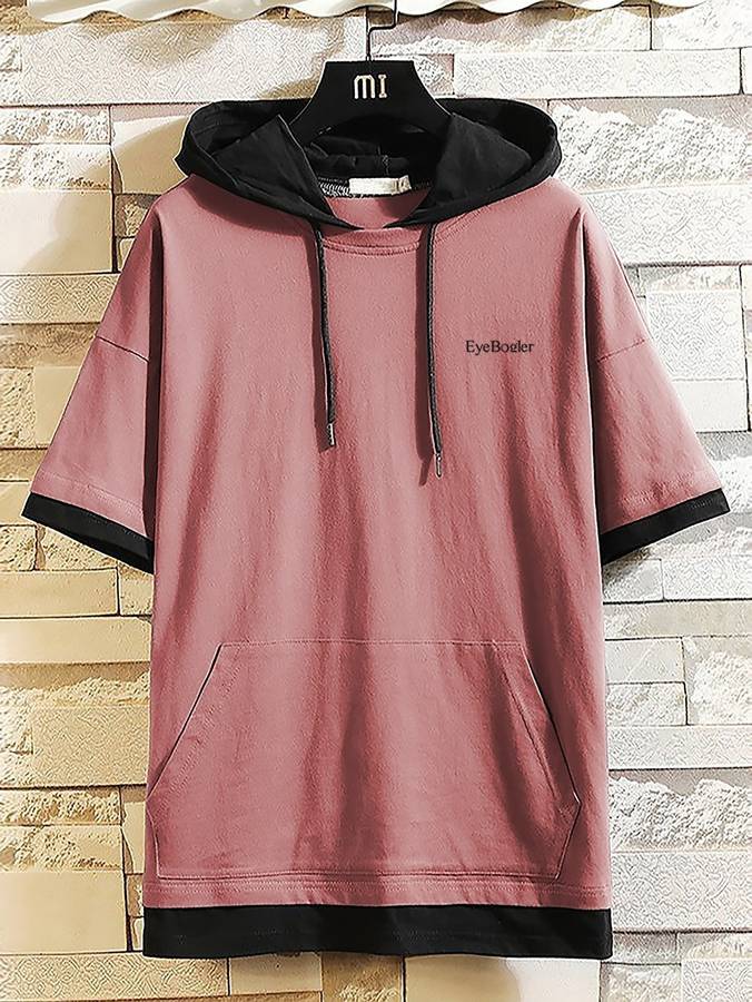 Solid Men Hooded Neck Pink T-Shirt