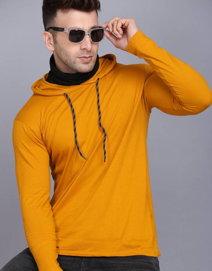Solid Men Hooded Neck Multicolor T-Shirt Price in India