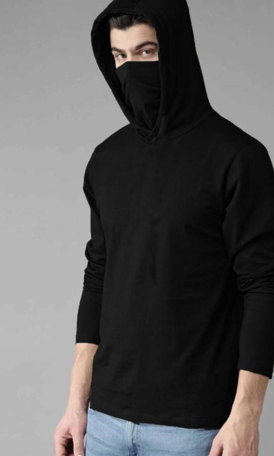 Self Design Men Hooded Neck Black T-Shirt