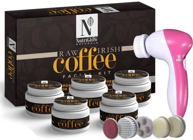 NutriGlow NATURAL'S Raw Irish Coffe Facial Kit (250 gm) With Electric 5 In 1 Face Massager / For Glowing Skin / Skin Hydration / All Type Skin Price in India