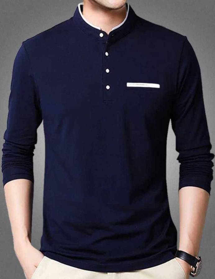 Solid Men Mandarin Collar White, Blue T-Shirt Price in India