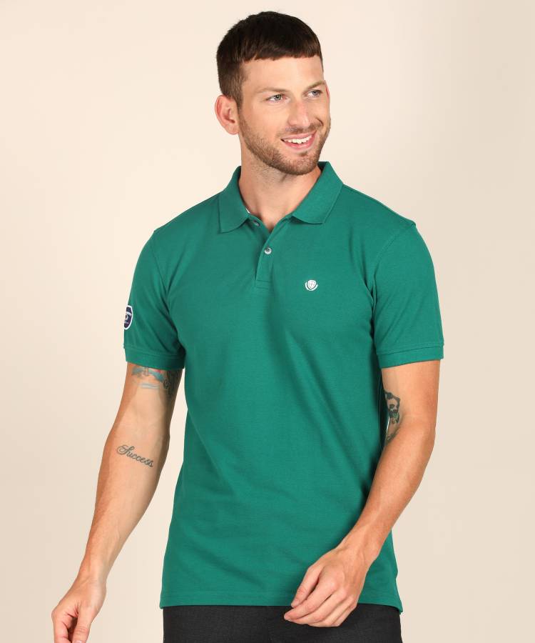 Solid Men Polo Neck Green T-Shirt Price in India