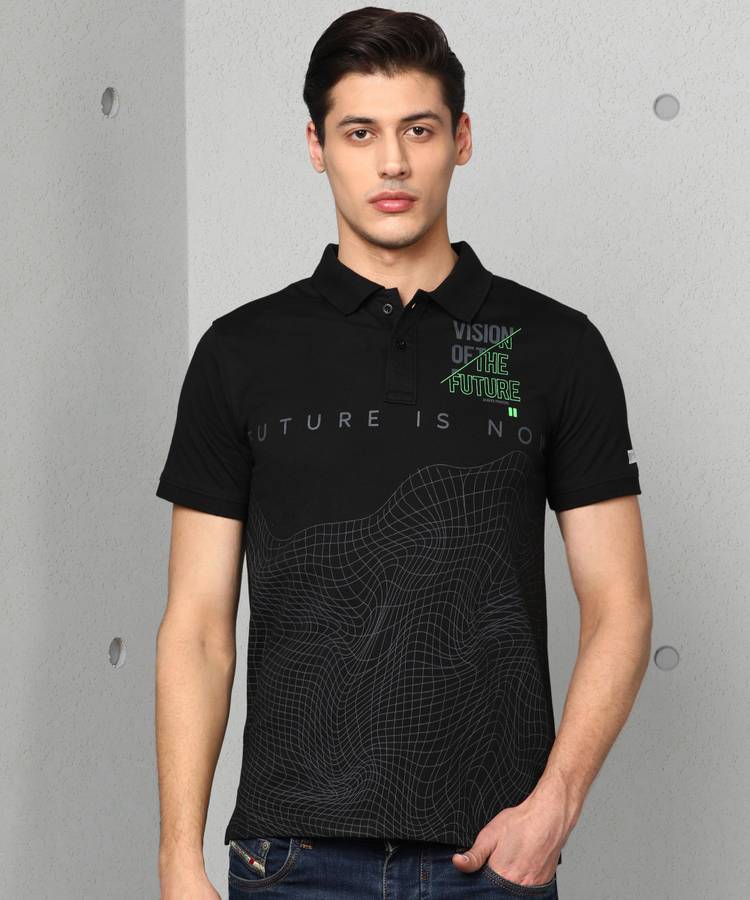 Printed Men Polo Neck Black T-Shirt