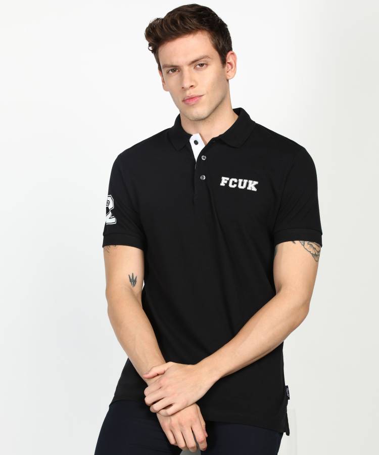 Solid Men Polo Neck Black T-Shirt Price in India