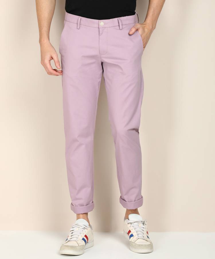 Slim Fit Men Pink Cotton Blend Trousers