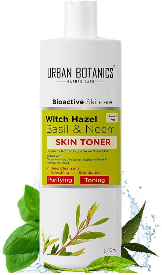 UrbanBotanics Alcohol Free Toner for Face with Witch Hazel, Neem, Basil & Glycolic Acid - Face Toner For Oily Skin, Normal Skin & Acne Prone Skin - Pore Tightening & Cleansing - Men & Women Price in India