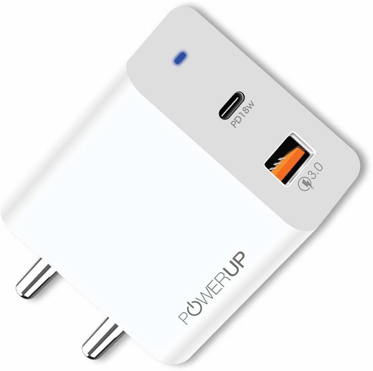powerup stay charged Turbo MAX Charge Dual Port 18W PD Type-C+USB 2.A Ultra Smart & Fast Charging QC3.0 with BIS Certified in-Built Auto-Detect Technology for All Smartphones/Tablet Universal Wall Charge Adapter 3.4 W 3.4 A Multiport Mobile Charger