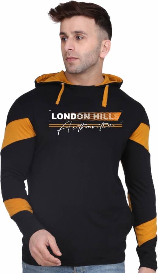 Printed Men Hooded Neck Black, Yellow T-Shirt Price in India