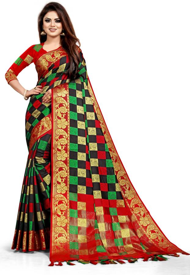 Woven, Checkered, Embroidered Banarasi Jacquard, Cotton Silk Saree