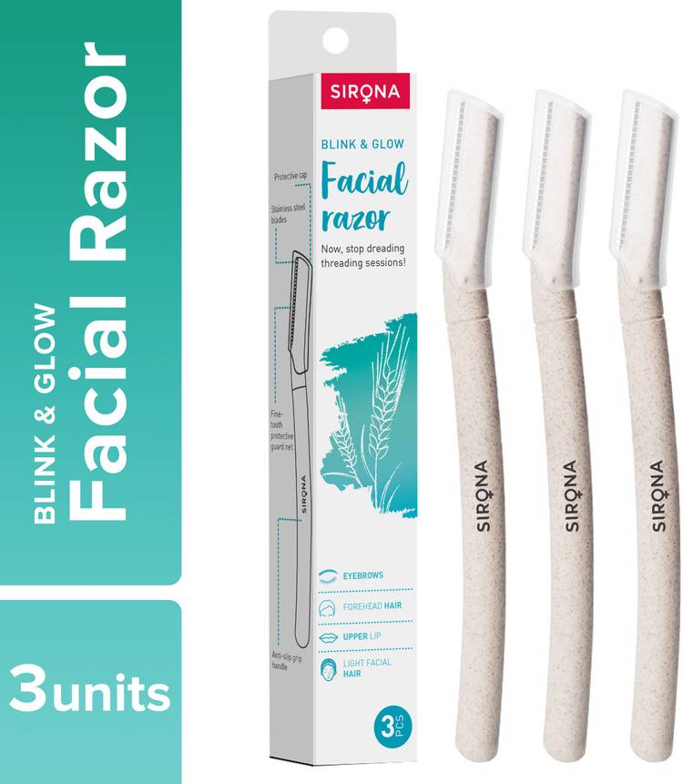 Sirona Blink and Glow Face Razor for Women | Facial & Upper Lips Hair Removal, Eyebrow Shaper & Dermaplaning Tool - 3 Pieces
