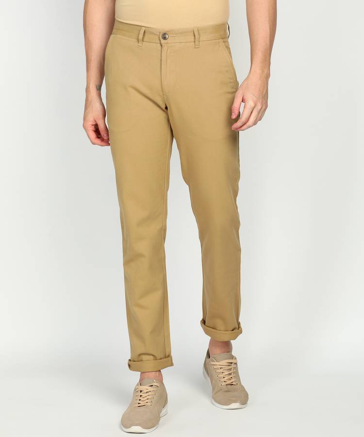 Tapered Men Khaki Pure Cotton Trousers