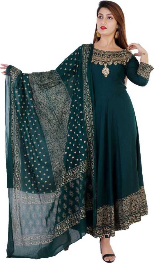 Women Printed Rayon Anarkali Kurta With Attached Dupatta Price in India
