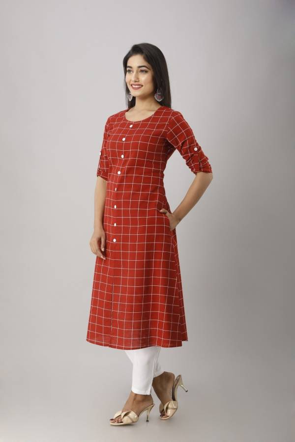 Women Checkered Cotton Silk Straight Kurta Price in India