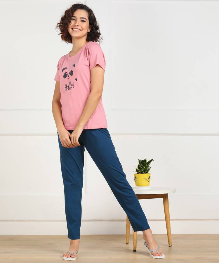 Women Graphic Print Blue, Pink Top & Pyjama Set