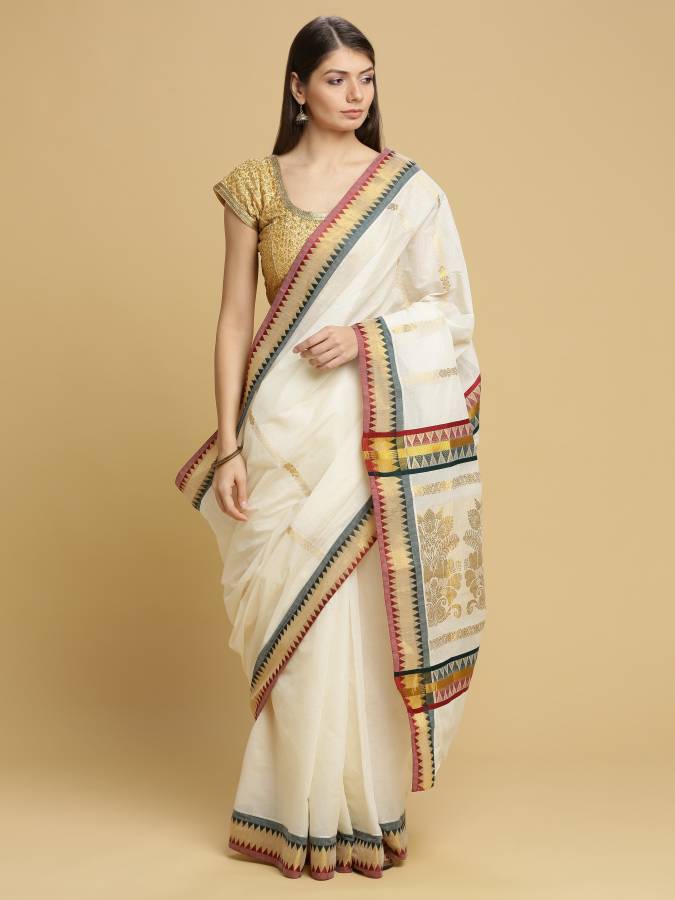 Self Design, Temple Border, Self Design Kasavu Pure Cotton Saree Price in India