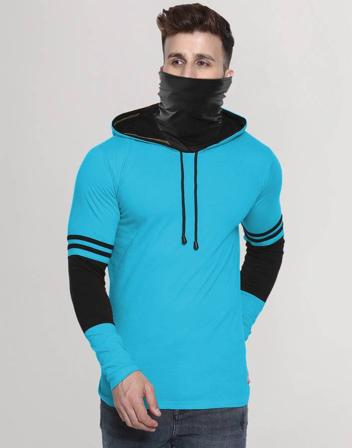 Color Block Men Hooded Neck Black, Blue T-Shirt