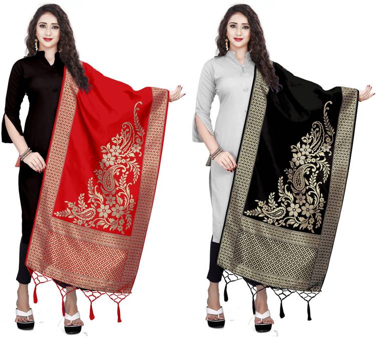 Art Silk, Jacquard Woven Red, Black Women Dupatta