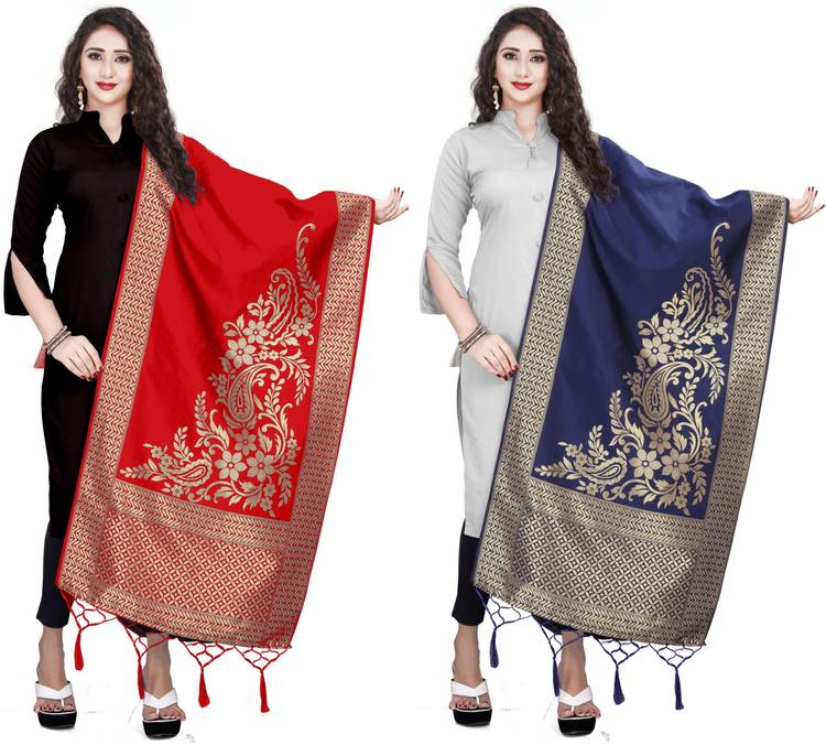 Art Silk, Jacquard Woven Red, Blue Women Dupatta