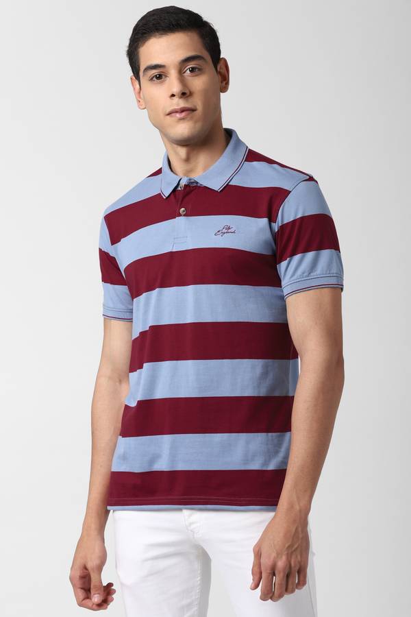 Striped Men Polo Neck Maroon, Light Blue T-Shirt