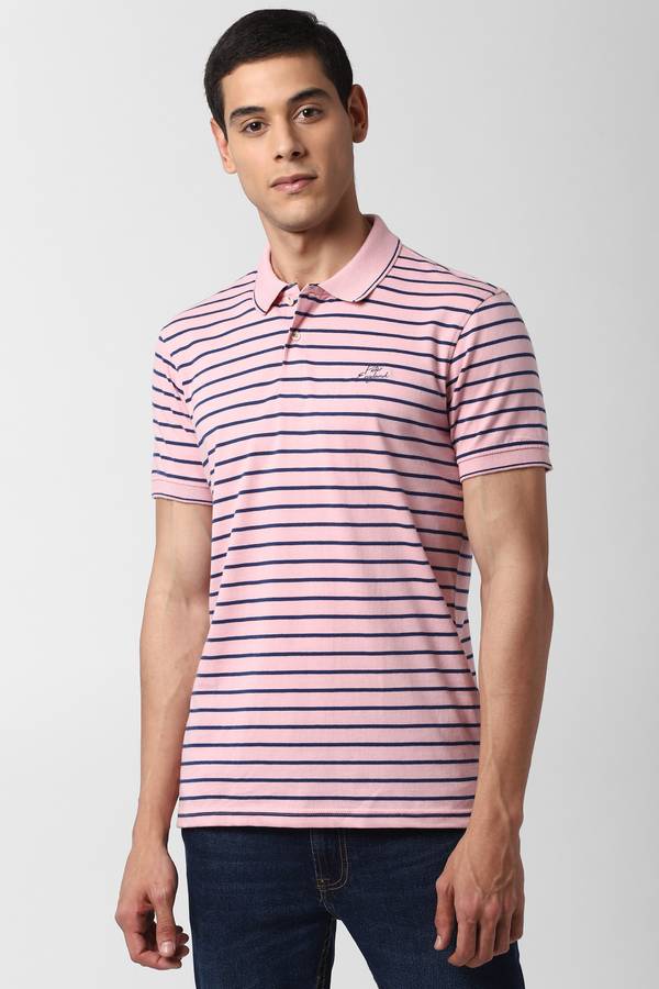 Striped Men Polo Neck Pink T-Shirt