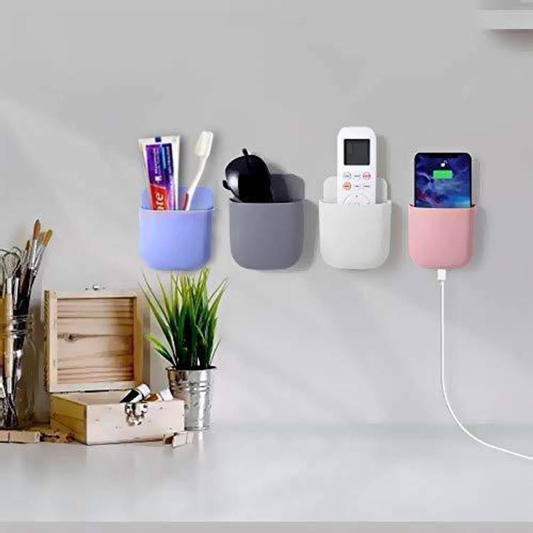 VNS Wall Mounted Storage Case for Mobile Holder/ Remote Holder /Multi-Purpose Stand/Charging Plug Stand/Drilling Free Stand/ Statinory Rack/ Toothbrush Stand /Remote & Pen Holder for Home & Office (4 Pcs Set) Mobile Holder