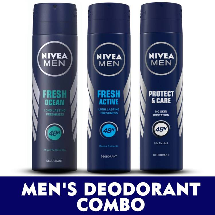 NIVEA MEN Deodorant Combo, Fresh Active, Fresh Ocean, Protect & Care, 150 ml each Deodorant Spray  -  For Men