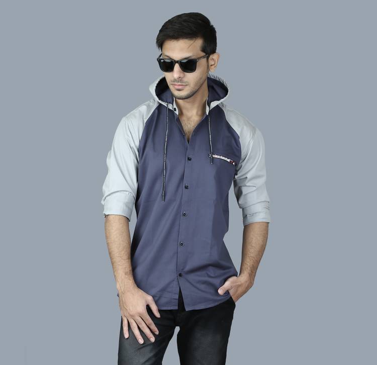 Men Regular Fit Solid Hood Collar Casual Shirt