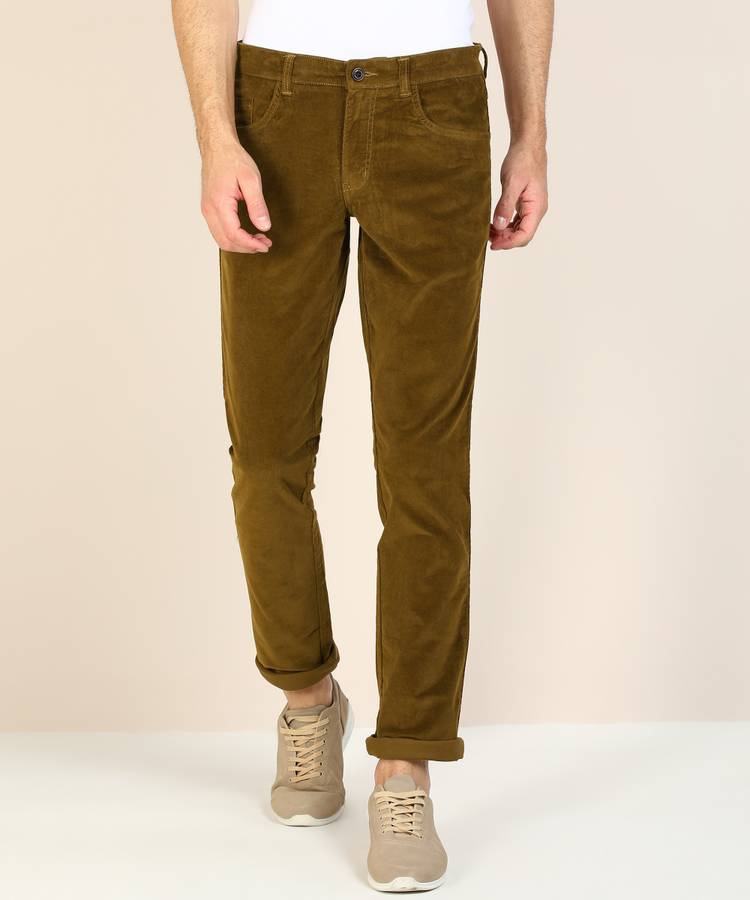 Tapered Men Khaki Cotton Blend Trousers