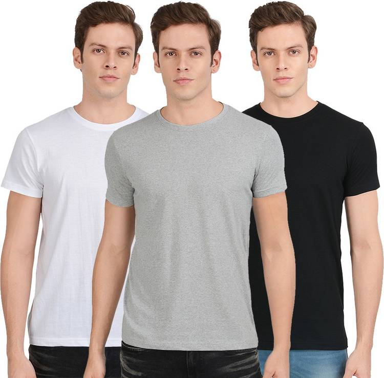 Solid Men Round Neck Black, Grey, White T-Shirt
