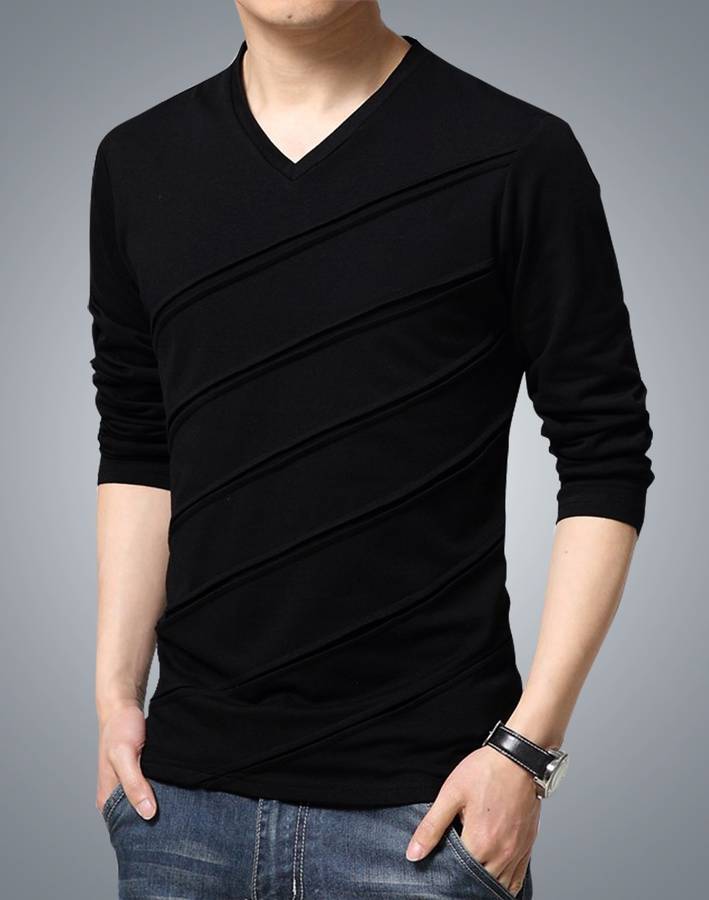 Striped Men V Neck Black T-Shirt