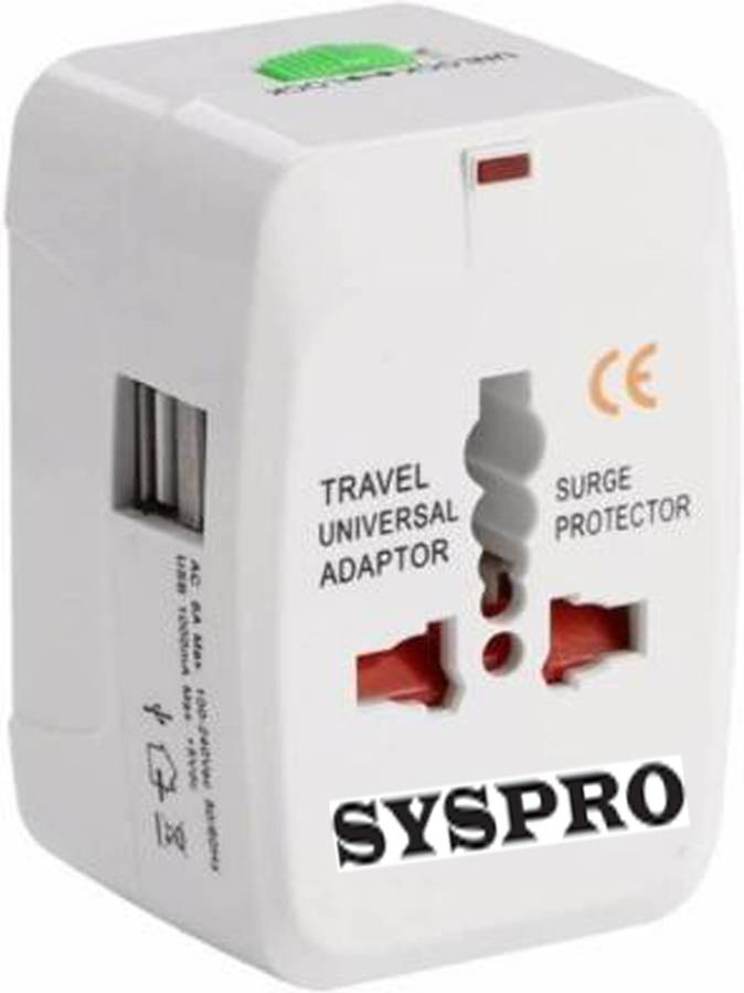 Syspro All in One Universal Travel Charger Adapter Plug Built-in Dual USB Charging Port surge Protector Worldwide Adaptor