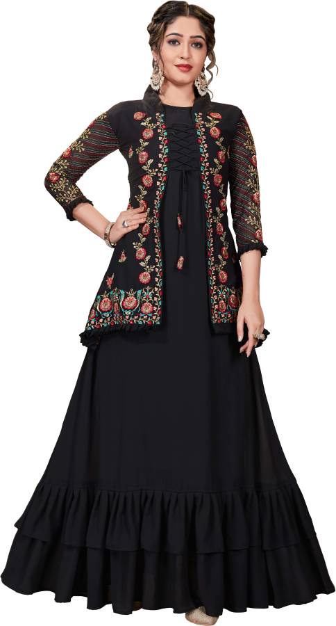 Semi Stitched Georgette Kurta & Churidar Material Embroidered, Embellished Price in India