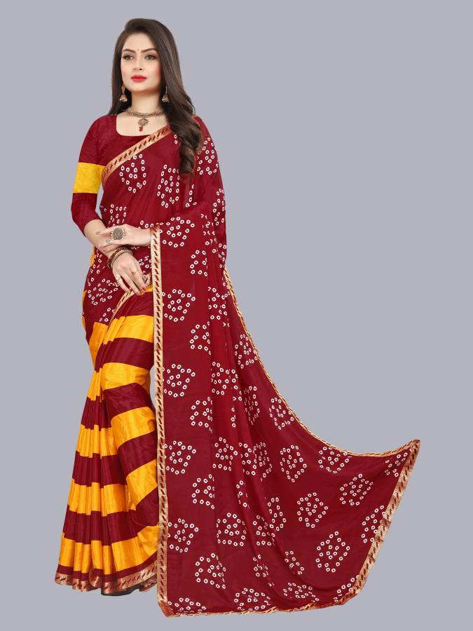 Striped, Geometric Print, Embellished Bandhani Cotton Silk Saree Price in India