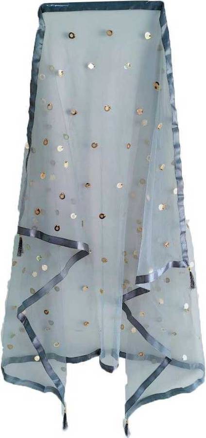 Net Embellished Grey Women Dupatta