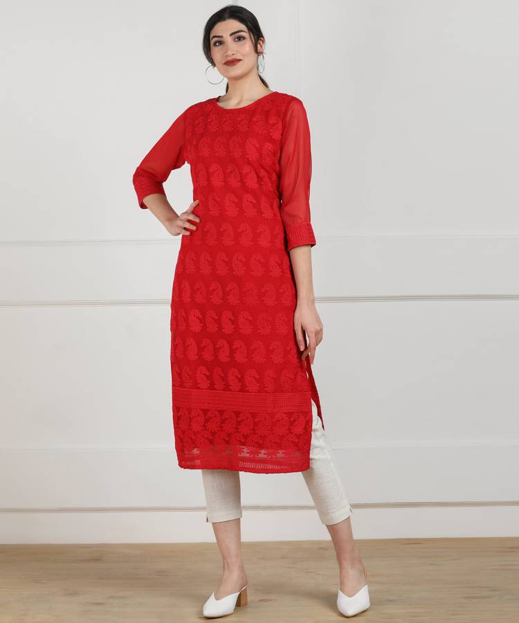 Women Chikan Embroidery Chiffon Straight Kurta