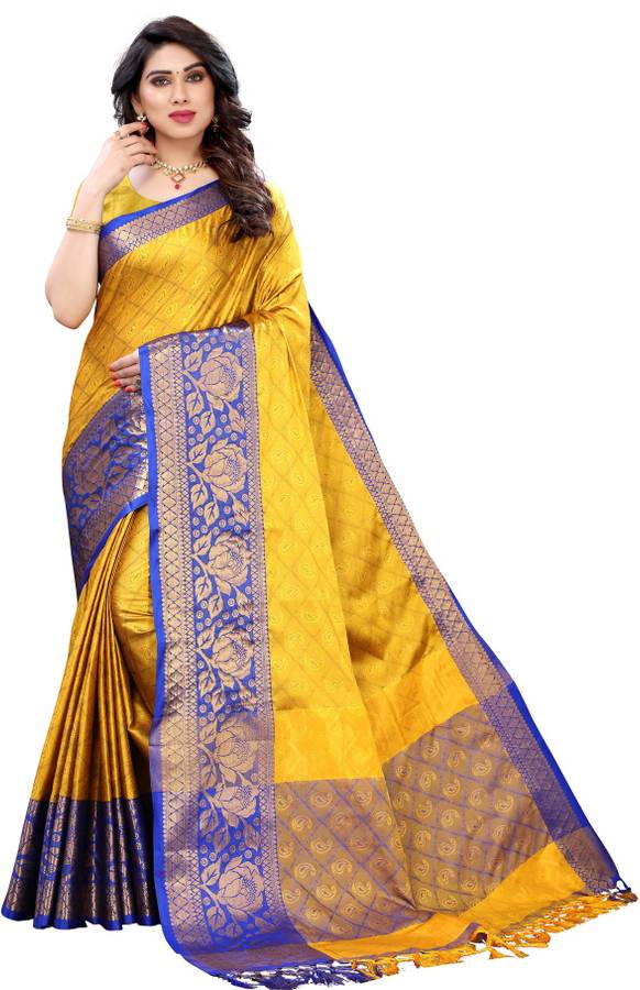Woven, Embellished Kanjivaram Pure Silk, Cotton Silk Saree