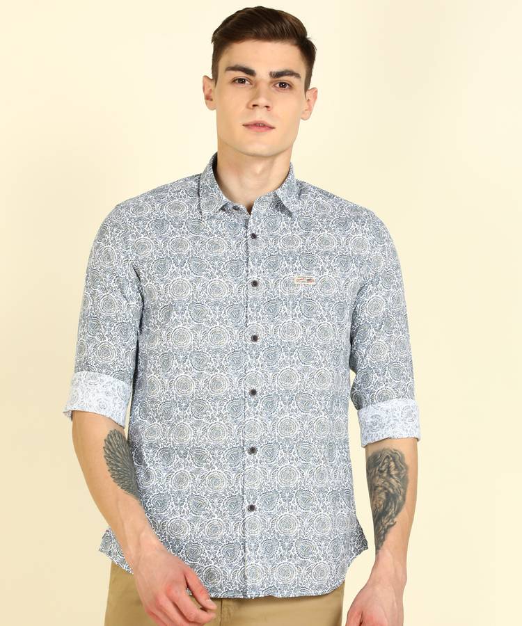 Men Tailored Fit Printed Button Down Collar Formal Shirt