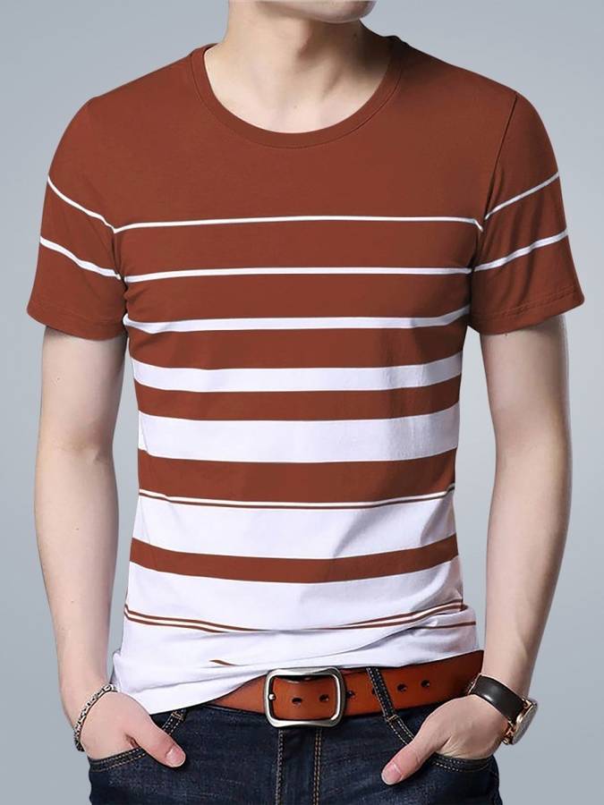 Striped Men Round Neck Brown T-Shirt