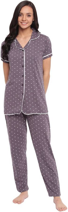 Women Printed Grey Shirt & Pyjama set