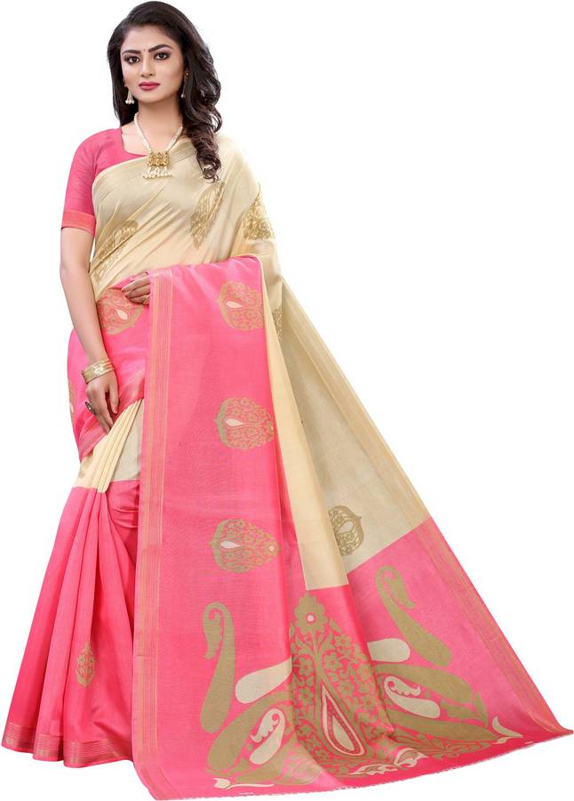 Geometric Print, Paisley, Printed, Embellished Kanjivaram Cotton Silk Saree
