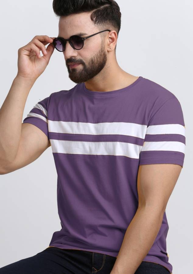 Striped Men Round Neck Purple T-Shirt Price in India