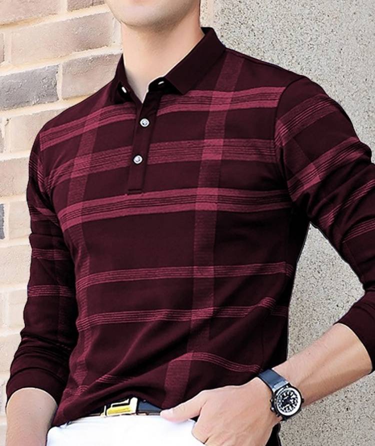 Striped Men Polo Neck Red T-Shirt Price in India