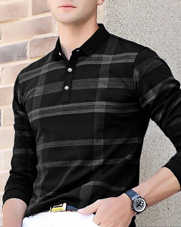 Striped Men Polo Neck Black T-Shirt Price in India