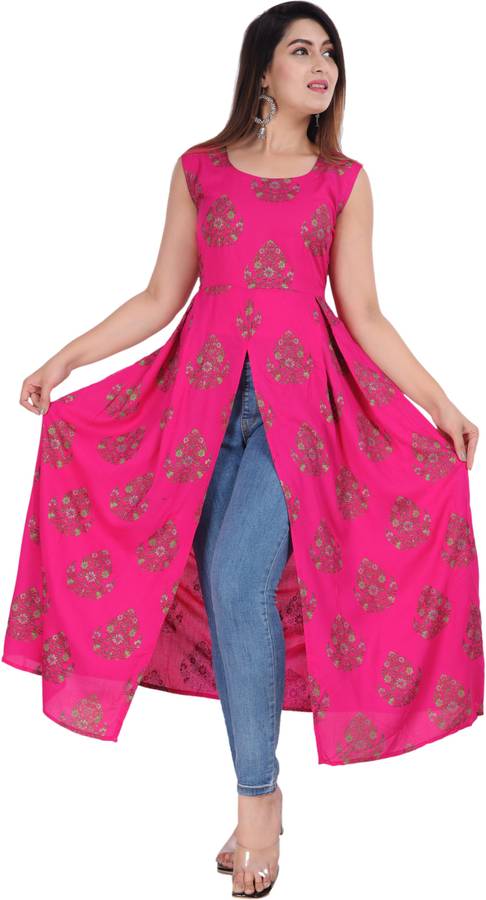 Women Floral Print Rayon Crepe Blend Frontslit Kurta