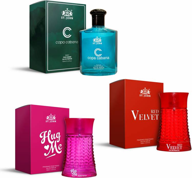 ST-JOHN Perfume Combo of 3 Perfumes | Hug Me Perfume 100 ml For Women| Copa Cabana Perfume 100ml For Men | Red Velvet Perfume 100 ml For Women Eau de Parfum  -  300 ml